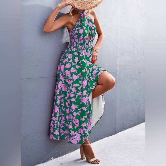 Floral Halter Maxi Dress Green Pink Tiered Vacay Cruise Ruffle Shirred Resort XL - Picture 6 of 10